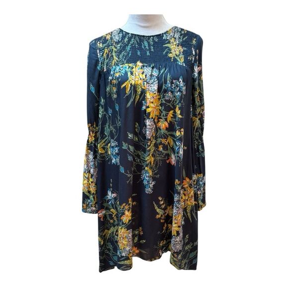 Zara Basics Navy Floral Long Sleeve Boho  Shift Dress Size Size XS - Picture 1 of 8